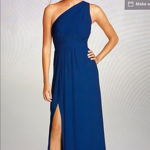 Long One-Shoulder Crinkle Chiffon Dress in Marine